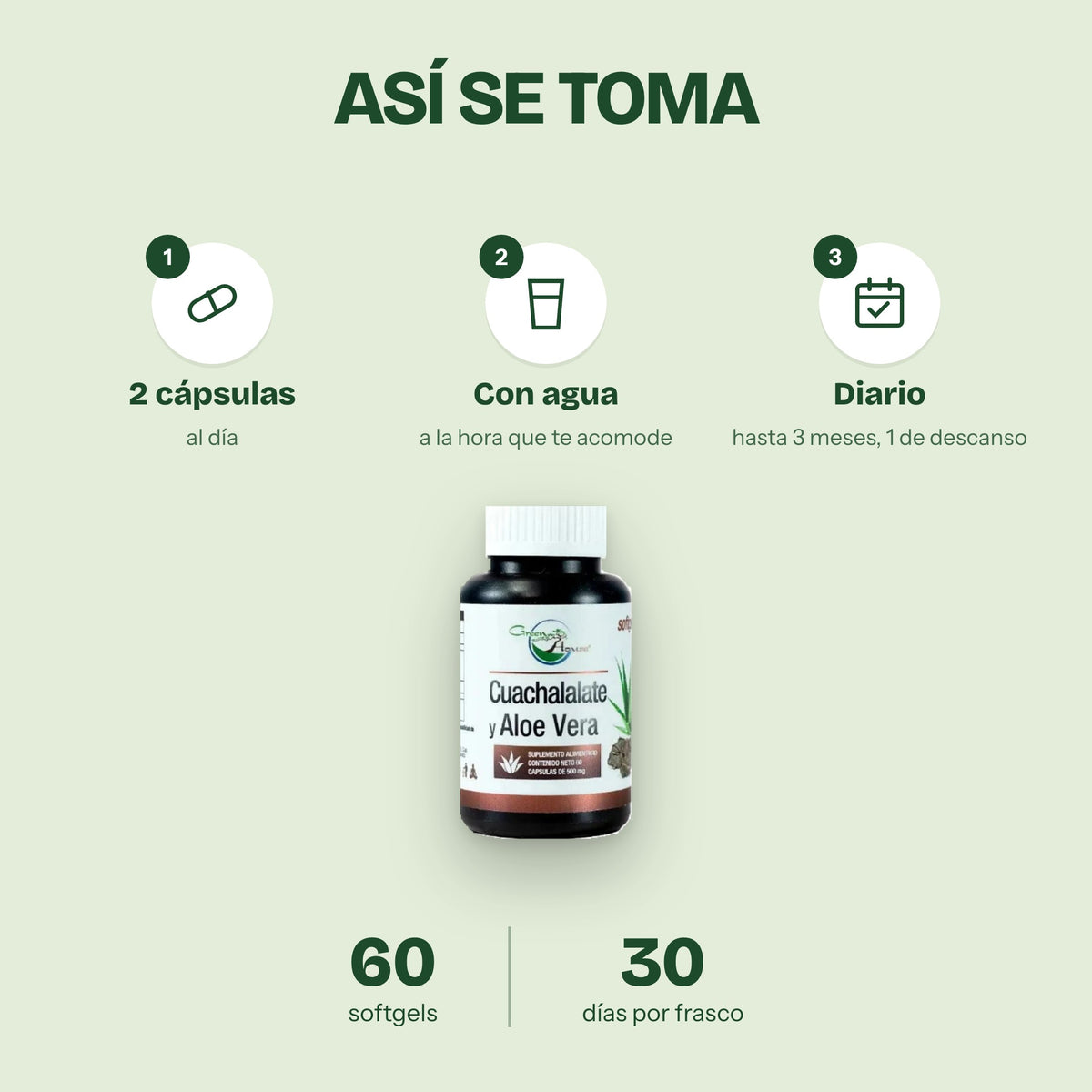 Así se toma: 2 cápsulas al día con agua, 60 softgels para 30 días