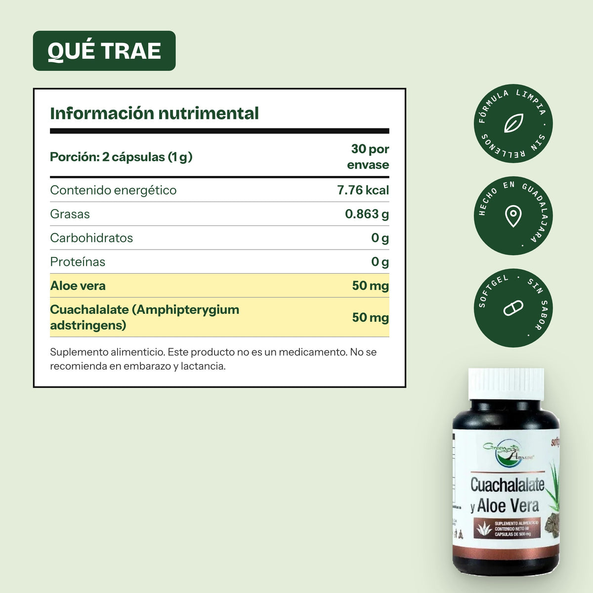 Qué trae: 50 mg de aloe vera y 50 mg de cuachalalate por porción