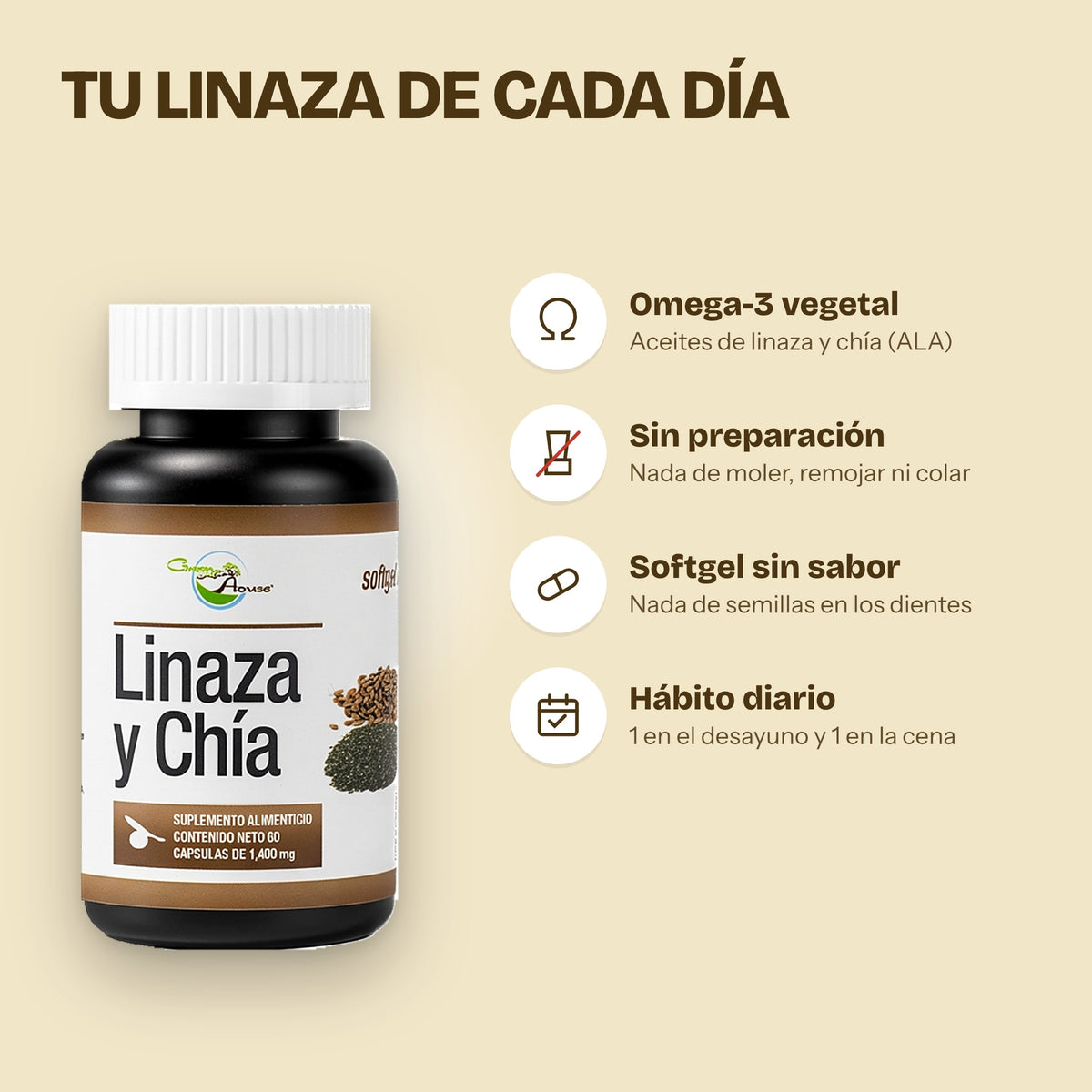 Tu linaza de cada día: omega-3 vegetal, sin preparación, softgel sin sabor