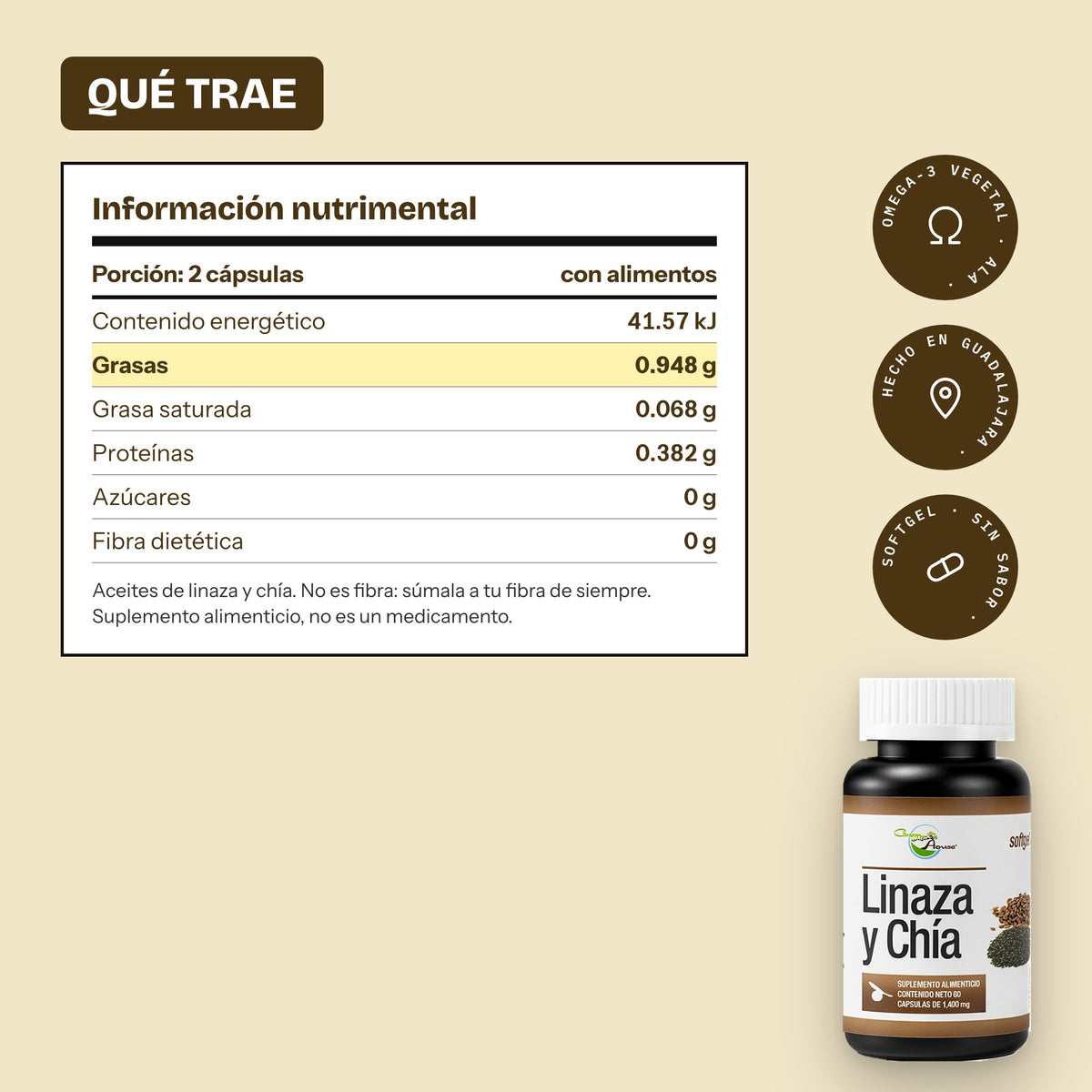 Qué trae: aceites de linaza y chía; no es fibra