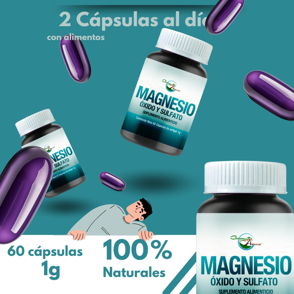 Óxido De Magnesio y Sulfato de Magnesio | 60 cápsulas softgel de 1g